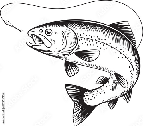 Vintage Fishing Hook with Fish engraving outline vector art illustration design,  Fish silhouette, hand drawn, line art fish design