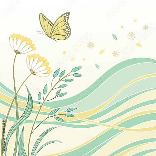A delightful vector illustration featuring a yellow butterfly gracefully fluttering above delicate flowers, with flowing waves in the background