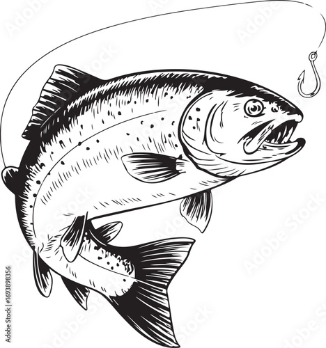 Vintage Fishing Hook with Fish engraving outline vector art illustration design,  Fish silhouette, hand drawn, line art fish design