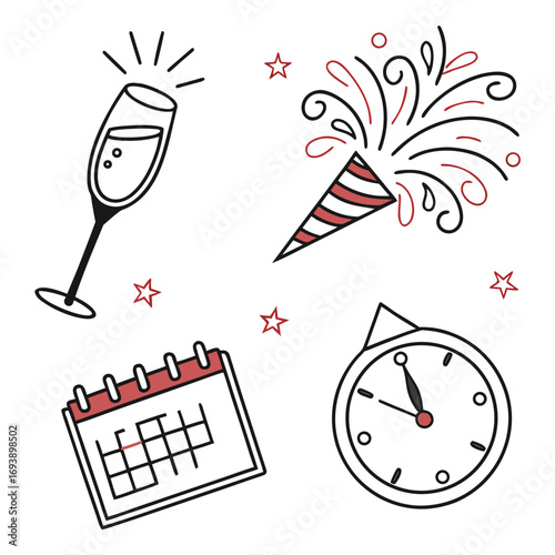 Handdrawn new years eve doodle elements showcasing champagne, party popper, calendar, and clock, ideal for festive designs and celebrations
