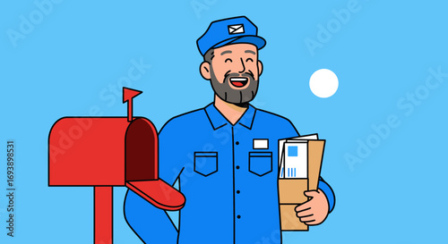 Smiling Mailman Delivering Mail with Red Mailbox.