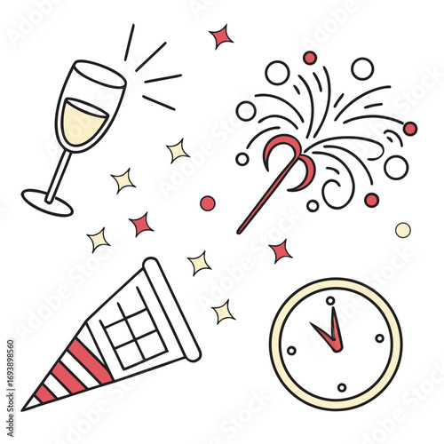 Festive new years eve celebration elements champagne glass, party hat, clock striking midnight, sparkler, and confetti