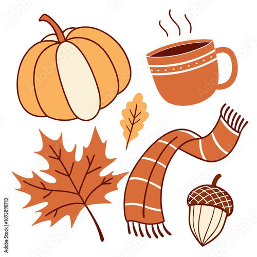 Autumnal bliss a cozy composition of pumpkin, steaming mug, maple leaf, acorn, and scarf, , capturing the essence of falls warmth