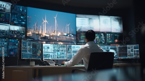 Monitoring Renewable Energy A Control Room Operator Oversees Wind Turbine Farms and Power Plants