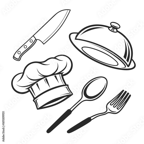 Chef hat, knife, spoon, fork and food cover kitchenware and cooking utensil vector illustration in black and white style