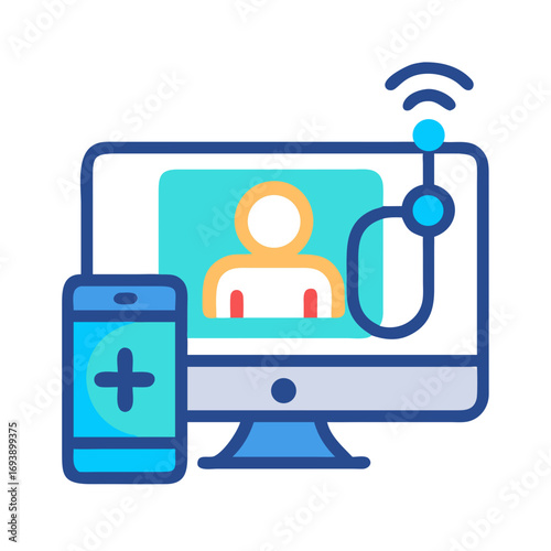 Telemedicine consultation with doctor on computer screen connected to mobile phone for support.