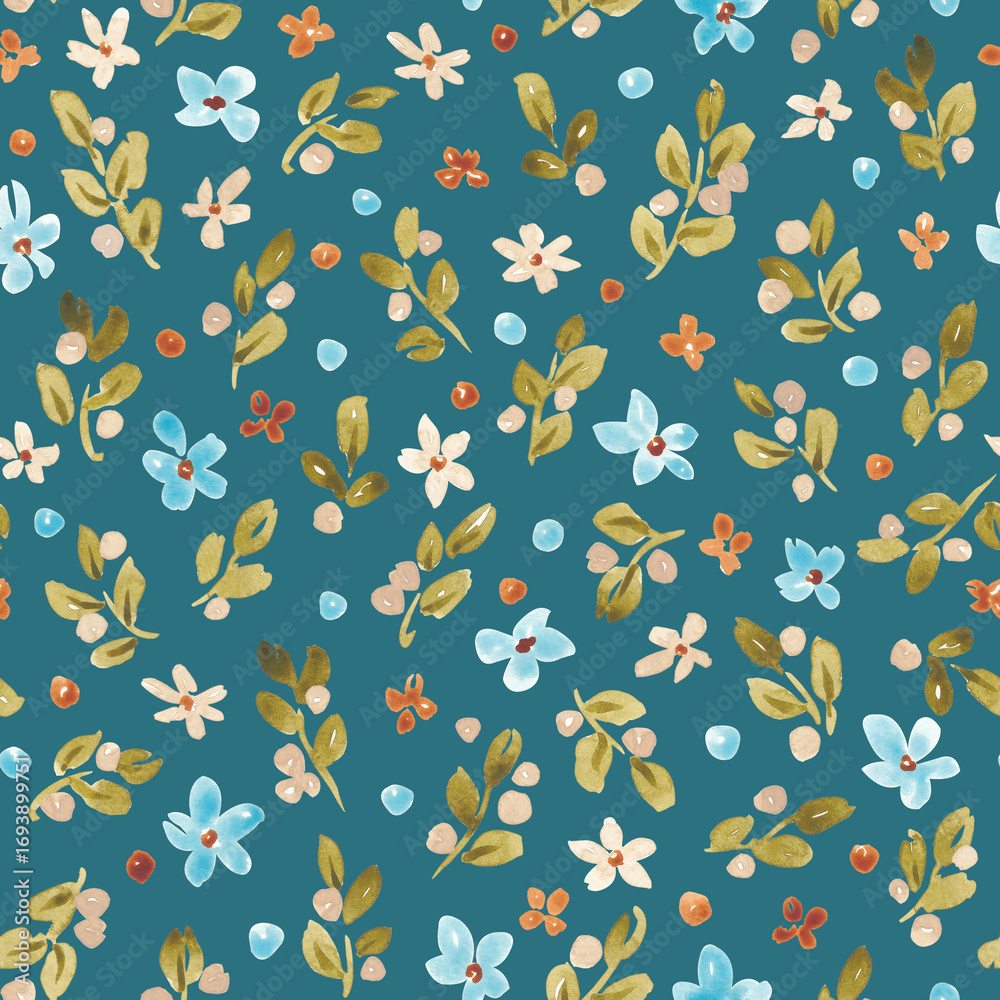 Fototapeta premium Retro floral seamless pattern. Abstract watercolor flowers design in old style. Cute kid fflorals. For textile, fabric, clothing, packaging