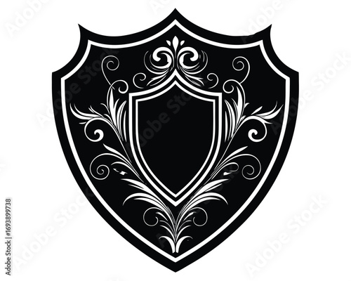 Vector art of heraldic shield with floral ornament