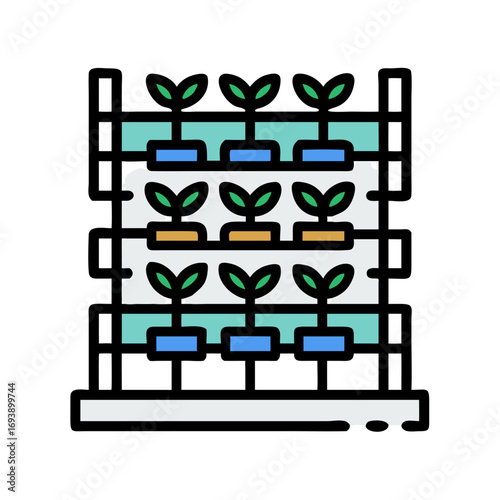 Vertical Farm Growing Plants with Hydroponics Systems on Shelves in Vector Flat Style