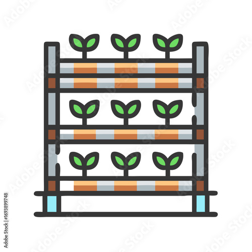 Vertical Garden System with Seedlings on Multiple Shelves in a Graphic Style
