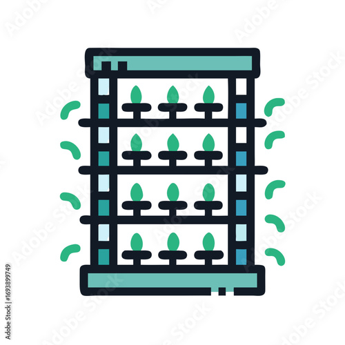 Vertical indoor farming setup with leafy greens, depicted in a graphic flat style