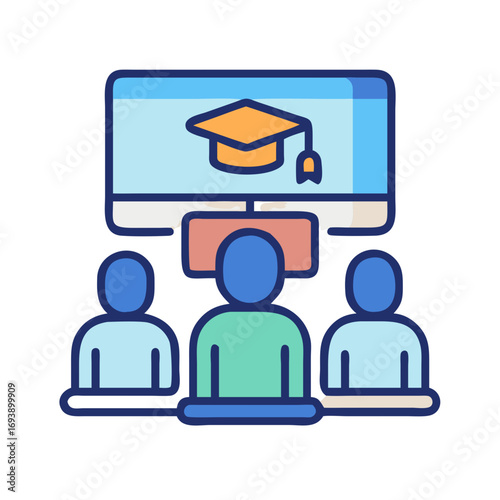 Online graduation presentation with audience on a computer screen graphic icon design