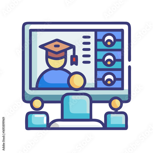 Online graduation ceremony showing avatar with cap and gown and students in call