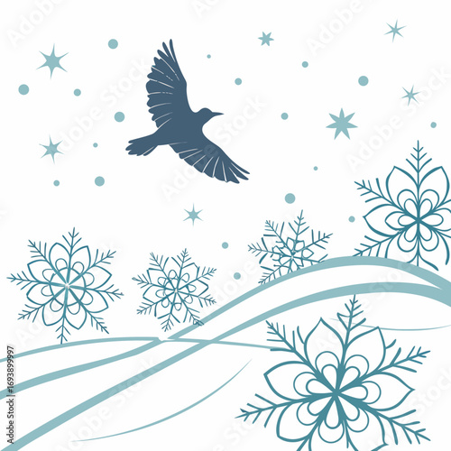 A serene winter scene with a bird in flight, snowflakes falling, and gentle snowdrifts, , creating a peaceful holiday atmosphere