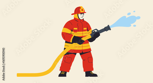Firefighter in Red Uniform Holding Water Hose.