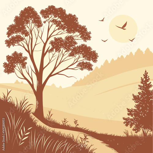 A serene landscape featuring a solitary tree on rolling hills, bathed in the warm glow of the setting sun, evoking a sense of tranquility and peace