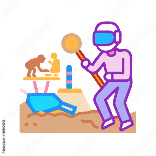 Colorful vector illustration of virtual reality exploration in a desert environment on black background