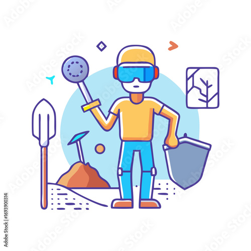 Stylized cartoon miner character vector illustration with spade, shield and pickaxe over black background
