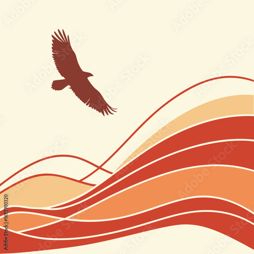 A majestic eagle soars above the rolling hills, its silhouette a striking contrast against the warm hues of the landscape