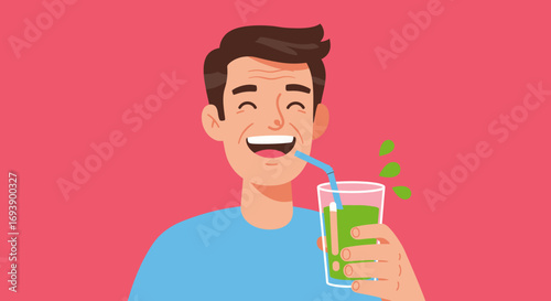 Smiling Man Drinking Green Juice with Straw.