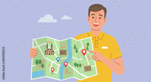 Smiling Man Holding and Pointing at a Map.