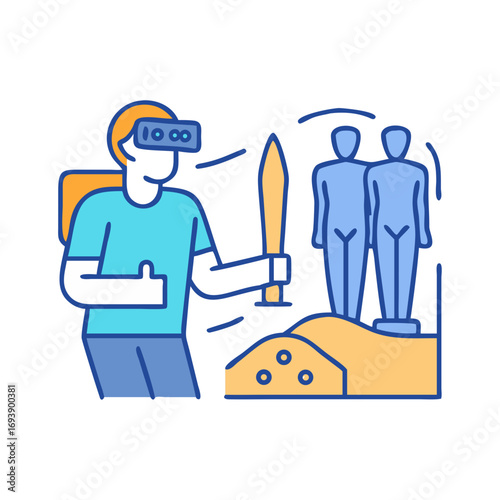 Person in VR wielding sword crafting human figures in digital world