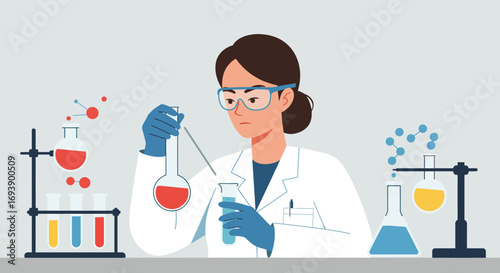 Female Scientist Conducting Chemical Experiment in Laboratory.