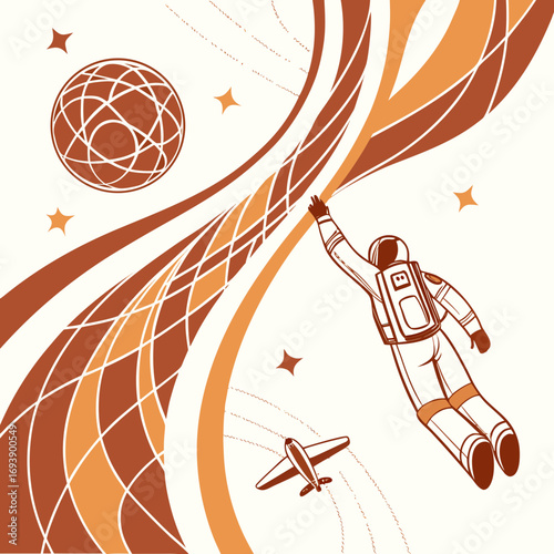 An astronaut reaches for a distant planet amidst swirling cosmic streams, with a vintage airplane flying nearby