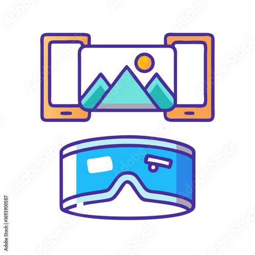 Illustration of virtual reality headset and mobile phones showcasing digital landscape view