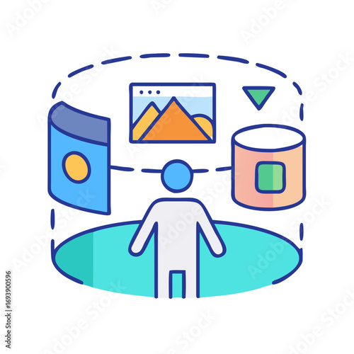 Virtual reality interface with person surrounded by screens and interactive elements