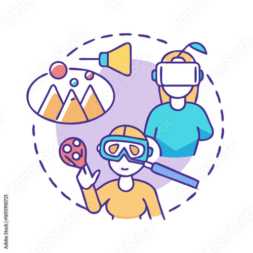 Vector Illustration Showing People in Virtual Reality Exploring Interactive Worlds with Metaverse Technology