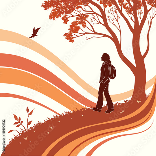 Autumn landscape illustration woman walking in nature, under a tree, with a bird flying fall season vector illustration
