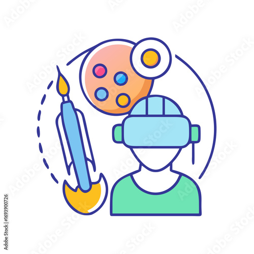 Vector illustration depicting a person wearing VR headset alongside space exploration elements on a black background