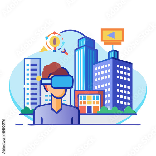 Person with VR glasses standing in front of city buildings in a geometric style