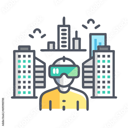 Person using VR glasses in a city environment with modern architecture and futuristic elements