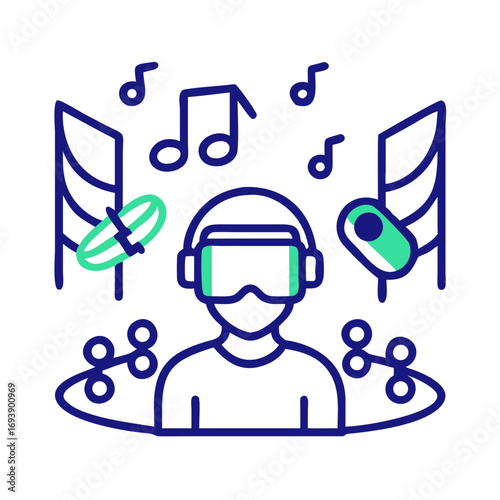Person using VR headset experiencing virtual world of music and games in minimalist style