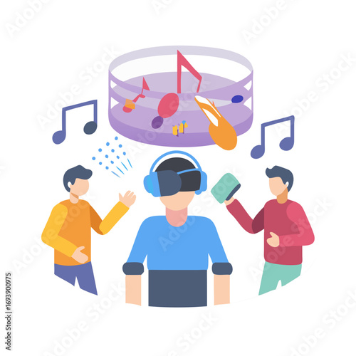 Virtual Reality Music Experience Illustration with People and Notes on Black Background