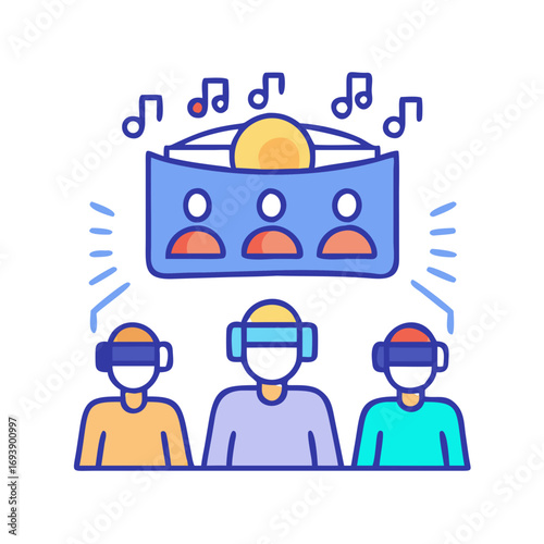 Virtual reality concert illustration showing people with VR headsets and musical notes
