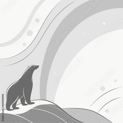 Illustration of a polar bear standing on a snowy hill, looking up at the sky with snow falling, winter landscape scene