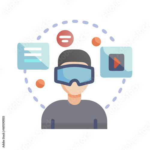 Person in virtual reality headset surrounded by technology icons on a black background