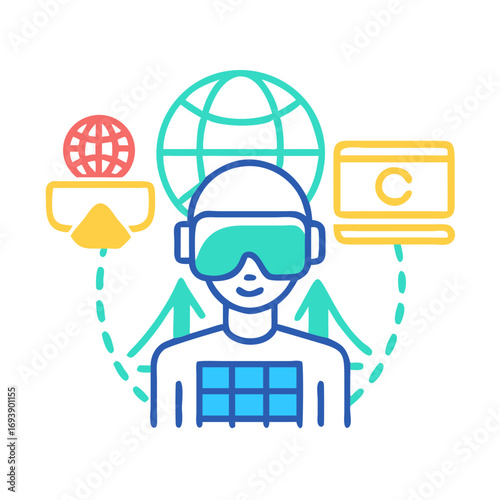 Person with VR headset connecting to digital content in a futuristic setting