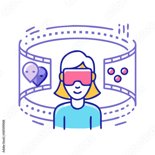 Girl with VR Headset Immersed in Virtual Reality Experience, Displaying Interactive Content on Screen