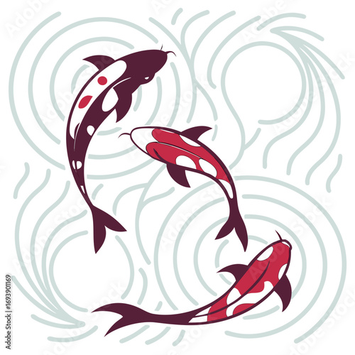Three koi fish swim in a circle, their red and white patterns contrasting against the swirling blue water, vector illustration