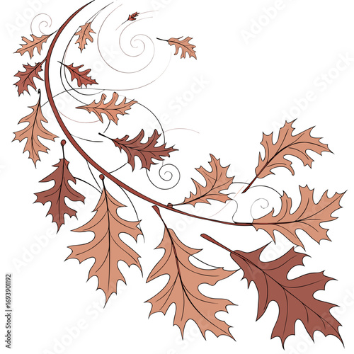 Oak branch with falling leaves autumnal design element with swirling vines and colorful foliage, perfect for seasonal projects