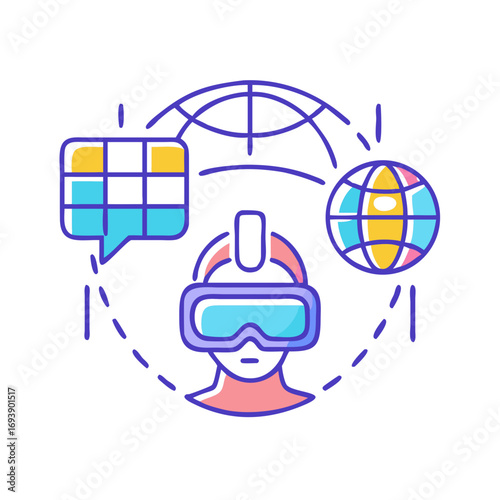 Person in VR Headset with Globe and Chat Bubble on Black Background