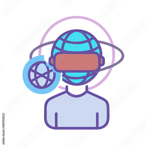 Abstract vector illustration of person using virtual reality headset to connect with global networks