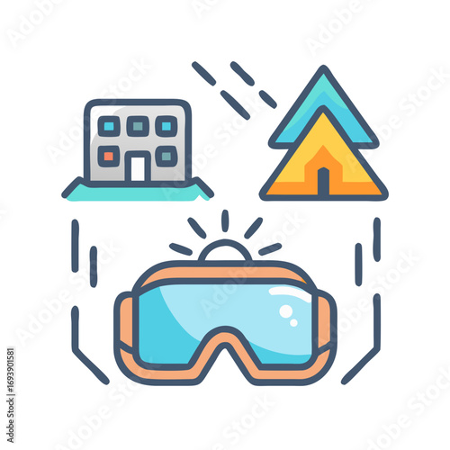 Virtual Reality Vacation Concept: Building, Tent and VR Headset on Black Background