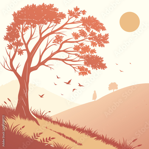 Autumn landscape with tree, hills, and sun vector illustration of a peaceful scene with warm colors nature background with a tree on a hill