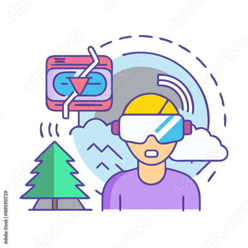 Cartoon person with VR headset in front of virtual simulation of nature landscape