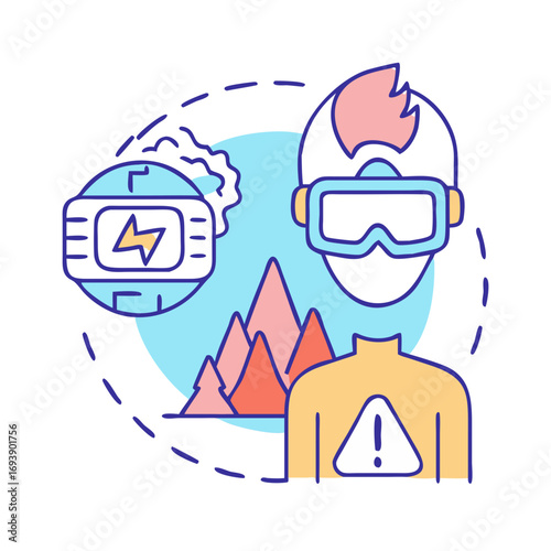 Virtual Reality Warning Concept with Person Wearing VR Headset Amidst Virtual Mountains